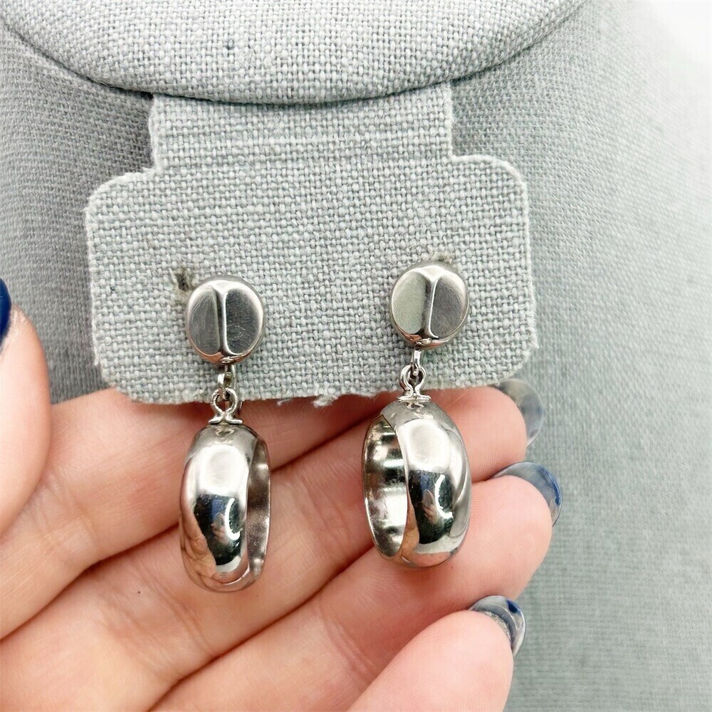 Vintage Signed Alice Silver Tone Screw Back Hoop Dangle Earrings Mid Century